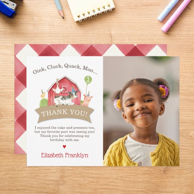Carte De Remerciements Fête d'anniversaire d'un animal de ferme Red Check (Créateur téléchargé)