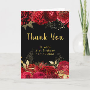 Carte De Remerciements Fête d'anniversaire élégante fleurs rouges et or