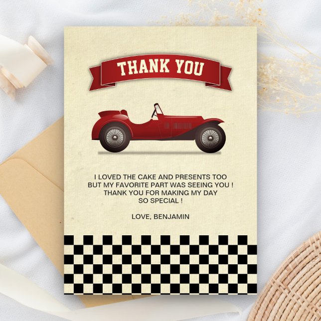 Carte De Remerciements Fête d'anniversaire enfant voiture de course rouge (Créateur téléchargé)