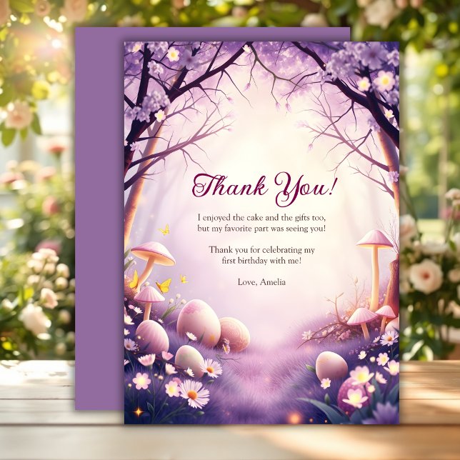 Carte De Remerciements Fête d'anniversaire fille champignon oeuf de Pâque (Whimsical Easter Egg Mushroom Girl Birthday Party Thank You Card)