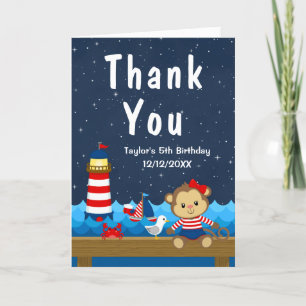 Carte De Remerciements Fête d'anniversaire fille nautique singe rouge et 