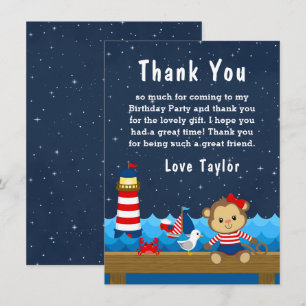 Carte De Remerciements Fête d'anniversaire fille nautique singe rouge et