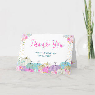 Carte De Remerciements Fête d'anniversaire florale aux citrouilles pastel