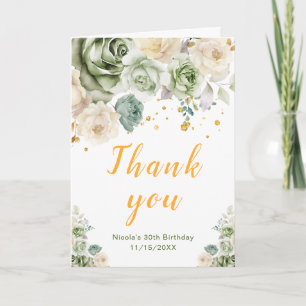 Carte De Remerciements Fête d'anniversaire florale verte sauge et crème