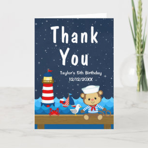 Carte De Remerciements Fête d'anniversaire Garçon Marin Singe Rouge et Bl