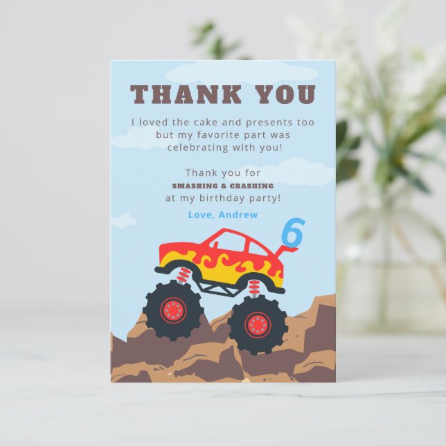 Carte De Remerciements Fête d'anniversaire garçon Monster Truck (Debout devant)