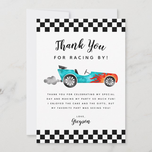 Carte De Remerciements Fête d'anniversaire garçon voiture de course bleue (Devant)