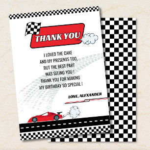 Carte De Remerciements Fête d'anniversaire garçon voiture de course rouge