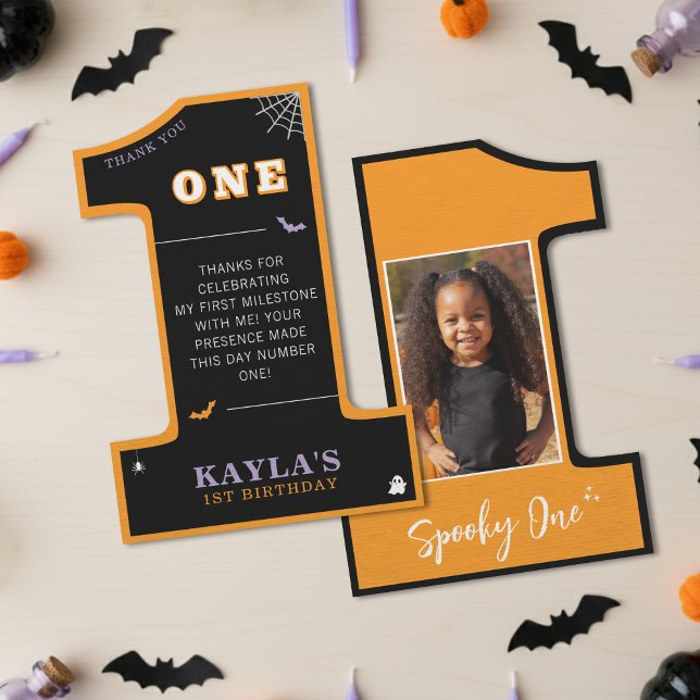 Carte De Remerciements Fête d'anniversaire Halloween 1re Photo d'Un An (Halloween 1st Birthday Party Spooky One Photo Thank You Card
)