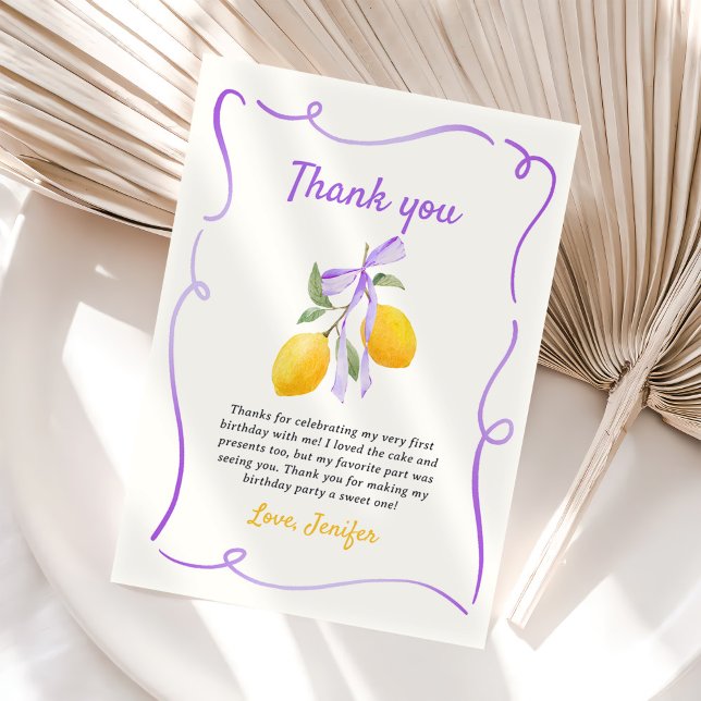 Carte De Remerciements Fête d'anniversaire Lemon Purple Bow (Créateur téléchargé)