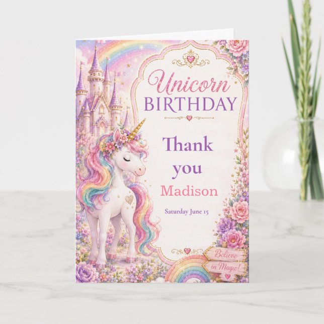 Carte De Remerciements Fête d'anniversaire licorne (Devant)