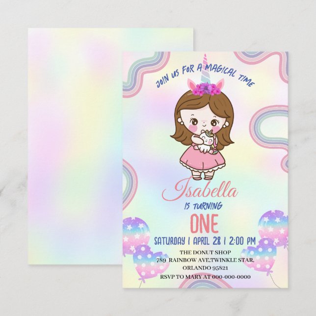 Carte De Remerciements Fête d'anniversaire licorne arc-en-ciel kawaii pou (Devant / Derrière)