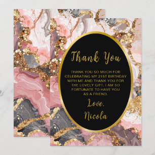 Carte De Remerciements Fête d'anniversaire Marbre Agate Rose, Gris et Or
