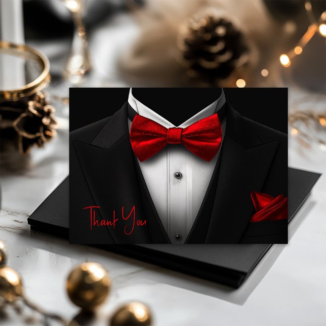 Carte De Remerciements Fête d'anniversaire Mens Red Black Tuxedo (Mens red and black thank you cards with elegant tuxedo. Add your printed message or leave blank.)