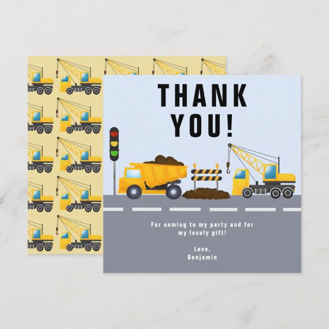 Carte De Remerciements Fête d'anniversaire pour enfants Camion de constru (Devant / Derrière)