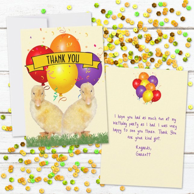 Carte De Remerciements Fête d'anniversaire pour enfants Canetons et Ballo (Send a thank you to all your guests who attended the birthday party with this cute flat card.  )