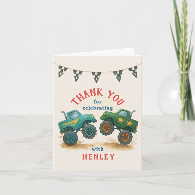 Carte De Remerciements Fête d'anniversaire pour enfants Monster Truck aqu (Devant)