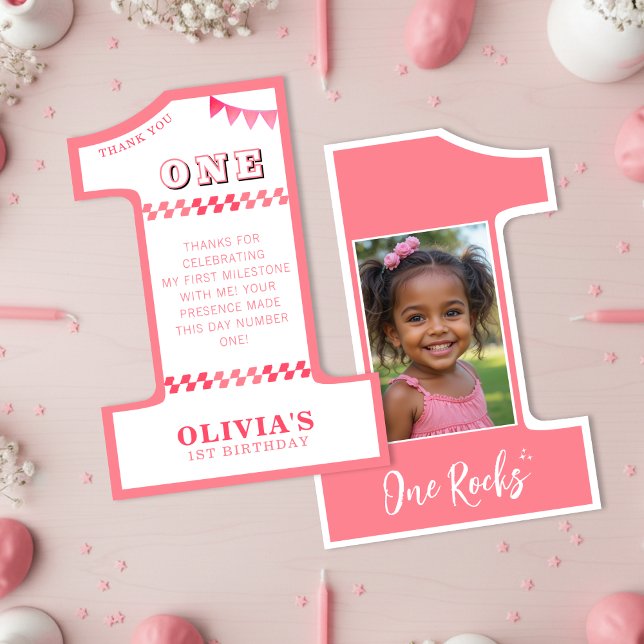 Carte De Remerciements Fête d'anniversaire pour filles rose pour 1 an - U (1st Birthday Party Girls Pink One Photo Thank You Card
)