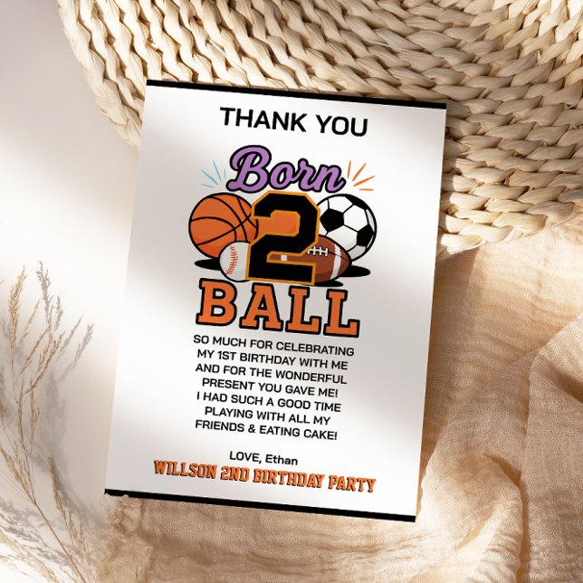 Carte De Remerciements Fête d'anniversaire pour garçon de 2 ans sur le th (Born 2 Ball Sports-Themed Boy 2nd Birthday Party Thank You Card)
