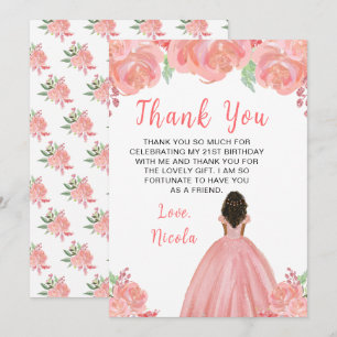 Carte De Remerciements Fête d'anniversaire Princesse à peau foncée Fleurs