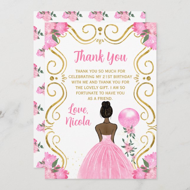 Carte De Remerciements Fête d'anniversaire Princesse à peau noire en rose (Devant / Derrière)