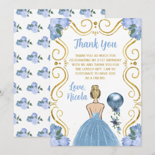 Carte De Remerciements Fête d'anniversaire Princesse Blonde Bleu