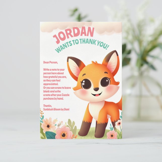 Carte De Remerciements Fête d'anniversaire Renard Mignon pour Enfants (Debout devant)