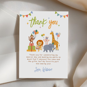 Carte De Remerciements Fête d'anniversaire safari d'animaux mignons