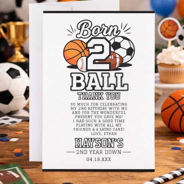 Carte De Remerciements Fête d'anniversaire sur le thème du sport pour gar (Born 2 Ball Sports Themed Boy 2nd Birthday Party Thank you card)