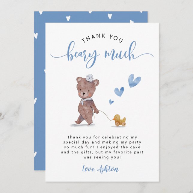 Carte De Remerciements Fête d'anniversaire Teddy Bear Bleu (Devant / Derrière)