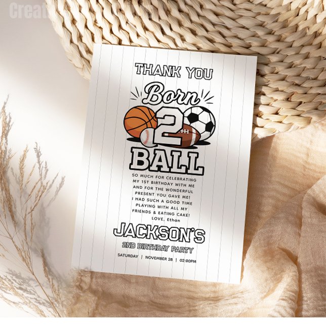 Carte De Remerciements Fête d'anniversaire Thème Sports de Ballon pour Ga (Born 2 Ball Sports Themed Boy 2nd Birthday Party Thank You Card
)