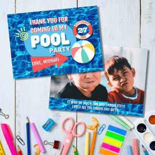 Carte De Remerciements Fête d'anniversaire tropicale piscine d'été bleue