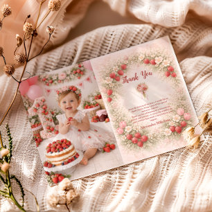Carte De Remerciements Fête de 1er anniversaire Blush Strawberry Vintage