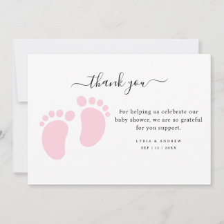 Carte De Remerciements Fête de Baby Shower aux Pieds de Bébé Rose, Fête d