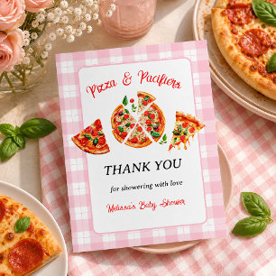 Carte De Remerciements Fête de Baby Shower Fille Rose Gingham Pizza et Té