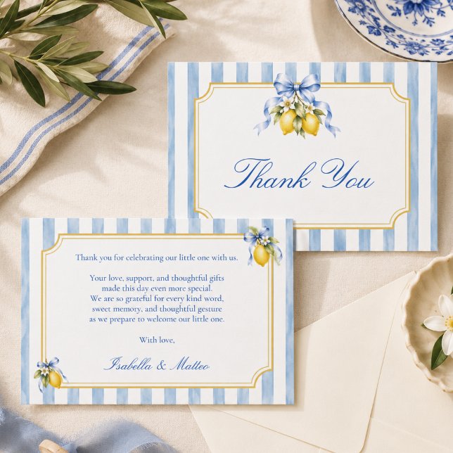 Carte De Remerciements Fête de bébé Amalfi Blue Bow Lemon  (Créateur téléchargé)