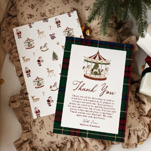 Carte De Remerciements Fête de bébé Carrousel de Noël Tartan Vintage