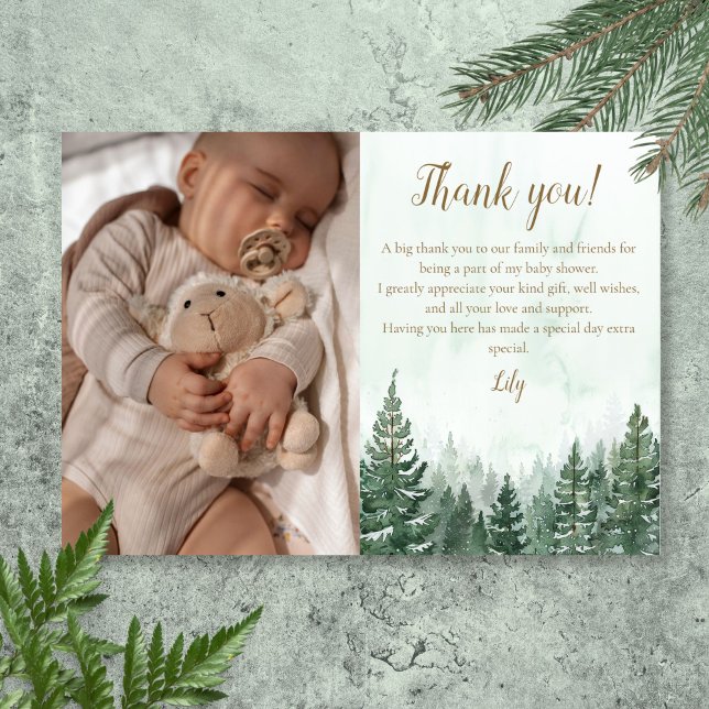 Carte De Remerciements Fête de Bébé de la Forêt de Pin Sylvestre Photo (Rustic Pine Tree Forest Baby Shower Photo Thank You Card)