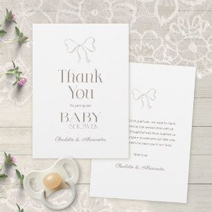 Carte De Remerciements Fête de bébé élégante à l'aquarelle blanche et nœu