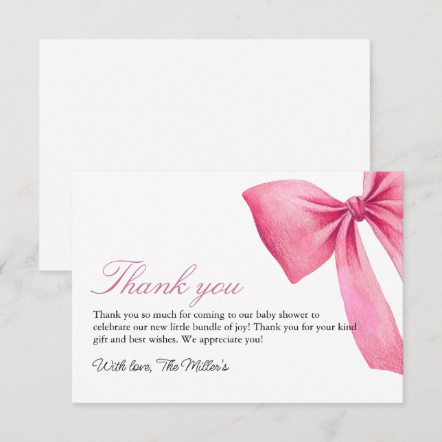 Carte De Remerciements Fête de bébé fille à ruban rose (Devant / Derrière)