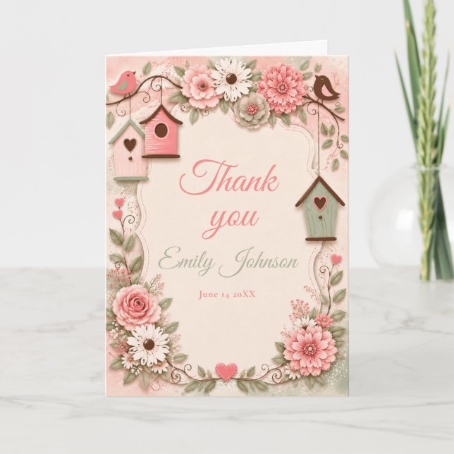 Carte De Remerciements Fête de bébé Fleurs et Oiseaux (Devant)
