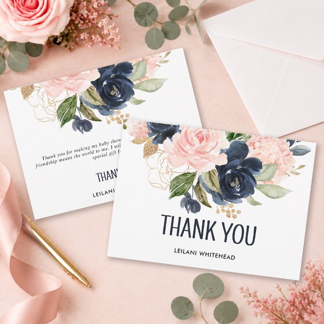 Carte De Remerciements Fête de bébé florale aquarelle rose navy (Express your heartfelt gratitude to family & friends with these elegant watercolor shower thank you.)