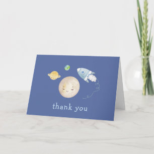 Carte De Remerciements Fête de Bébé Fusée Bateau Spatial Bleu Au-Dessus d