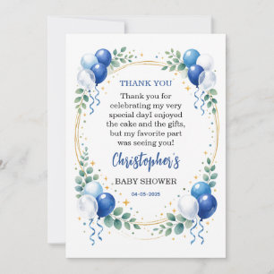Carte De Remerciements Fête de bébé garçon moderne Eucalyptus ballon bleu