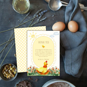 Carte De Remerciements Fête de bébé Poule Floral Fermière Gingham Jaune