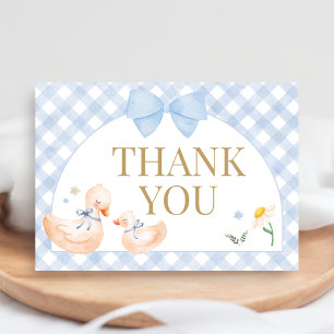 Carte De Remerciements Fête de bébé Silly Goose à carreaux bleus