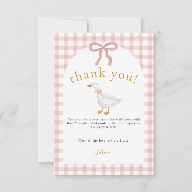 Carte De Remerciements Fête de bébé Silly Goose Rose Gingham  (Devant)