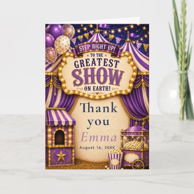 Carte De Remerciements Fête de cirque violet (Devant)