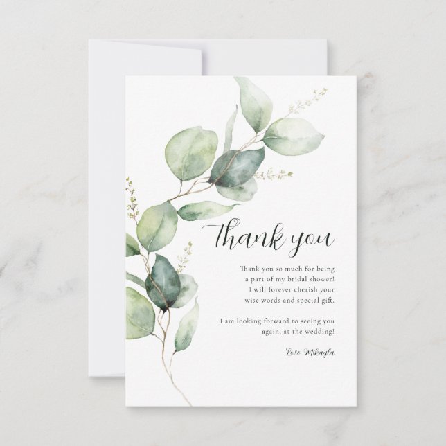 Carte De Remerciements Fête de mariage aquarelle avec écriture Eucalyptus (Devant)