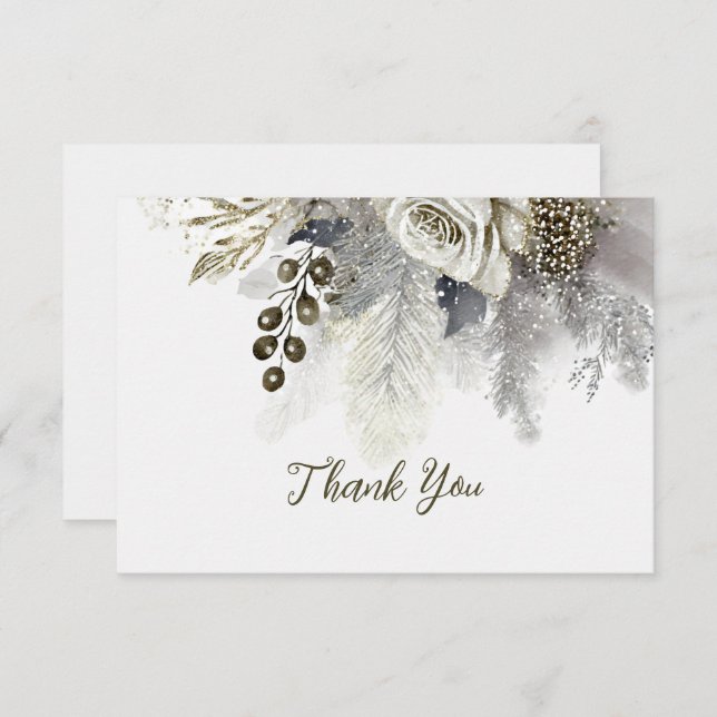 Carte De Remerciements Fête de mariage Argent Golden White Roses Fleurs (Devant / Derrière)